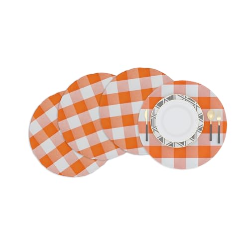 4 Pieces Orange & White Cotton Buffalo Check Plaid Round Placemat 15 Inch Gingham Fabric Handcrafted Machine Washable Indoor & Outdoor Tablemat - color: Plaids Orange & White, size: Round Placemats 15"