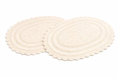 Royal Blaze Crochet Bath Rug 100% Cotton Reversible, 2Pcs 18”x26” Ivory Oval Bath Mat, Reversible Plush Tufted Loop Design with Decorative Edges, Thick Bathroom Rug - color: Soft Ivory, size: 18"x26" + 18"x26" Oval