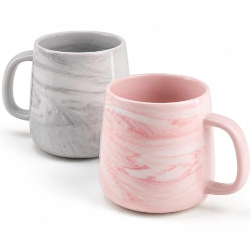 Ceramic Coffee Mug Set of 2, Gray and Pink Marble Pattern Procelain Couple Mugs, Stoneware Matching Cups, Dishwasher Safe, Microwave Safe, 13 oz - color: 12 oz-Pink&Gray