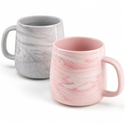 Ceramic Coffee Mug Set of 2, Gray and Pink Marble Pattern Procelain Couple Mugs, Stoneware Matching Cups, Dishwasher Safe, Microwave Safe, 13 oz - color: 12 oz-Pink&Gray