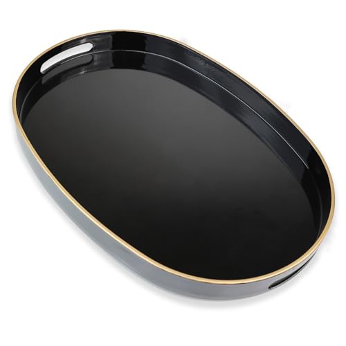 Black Oval Decorative Tray with Handles, Versatile Serving Tray for Coffee Table, Ottoman, Ideal for Serving, Displaying, Organizing - color: Oval Black, size: 15.5" x 10.6" x 1.4"