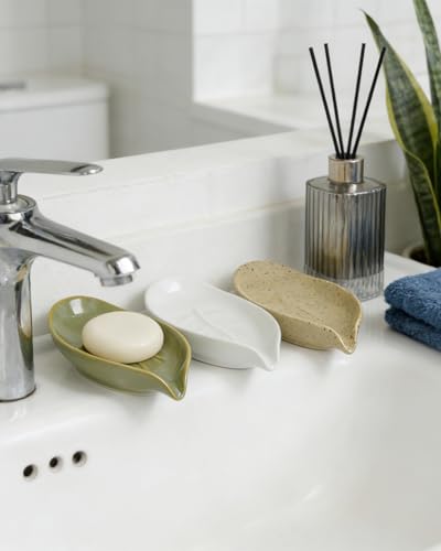 Soap Holder, Self-Draining Soap Dish, Leaf Shape Ceramic Bar Soap Holder Drain Soap Dishes for Bathroom Sink Kitchen, Easy to Clean Keeps Soap Dry, Olive Green, ANTIS'S HOME - color: Green-enhanced Drainage-1pcs