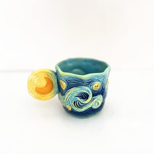 Ceramic Starry Sky Coffee Mug and Saucer set with Spoon,3D Handmade and Hand-painted Tea Mug, 6OZ