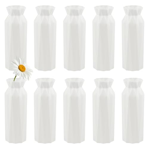 Haploon Plastic Vases 10 Pack Composite Flower Vase Conic Floral Holder | Small Tall Fake Flowerpot, Centerpiece Center Wedding Party Arrangement, Modern Living Room Table Décor, White Vases