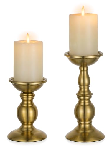 NUPTIO Gold Candle Holder for Table: Tall Brass Stand for 3" Pillars | (S+L) Metal Vintage Stand for Christmas New Year Fireplace Table Centerpiece Set of 2 - color: Brass, size: S + L