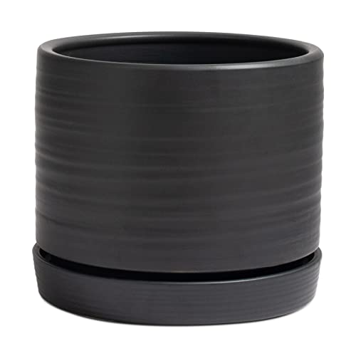 HERDUK 8 Inch Pots for Plants, Ceramic Planter Pot with Drainage Hole & Saucer, Indoor/Outdoor Cylinder Round Planter Pot, Matte Black - color: Matte Black, size: 8 Inch