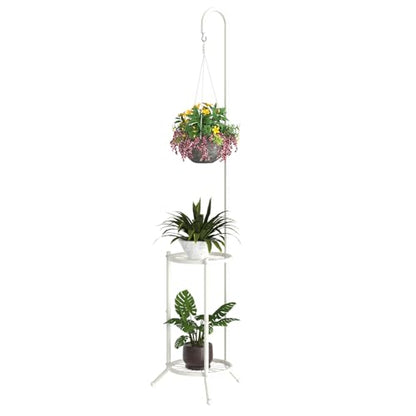 BMOSU Plant Stand with Hooks Indoor Outdoor Corner Tall Plant Stand Heavy-Duty Metal 3-Tier Plant Shelf Holder Rack for Patio Garden Balcony Living Room Bedroom(semicircular White)