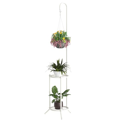 BMOSU Plant Stand with Hooks Indoor Outdoor Corner Tall Plant Stand Heavy-Duty Metal 3-Tier Plant Shelf Holder Rack for Patio Garden Balcony Living Room Bedroom(semicircular White)