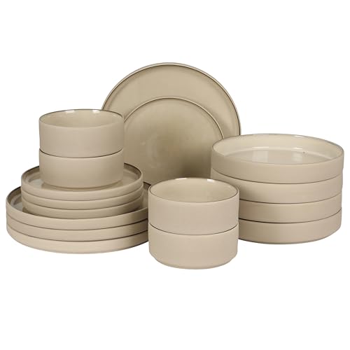 Gibson Elite Liberty Bay 16-Piece Pottery Clay Stoneware Dinnerware Set – Taupe Reactive Glaze, Stackable Plates and Bowls W/Pasta Bowl, Service for 4 – Microwave & Dishwasher Safe - color: Taupe (Liberty Bay), size: Service for 4 (16pcs)