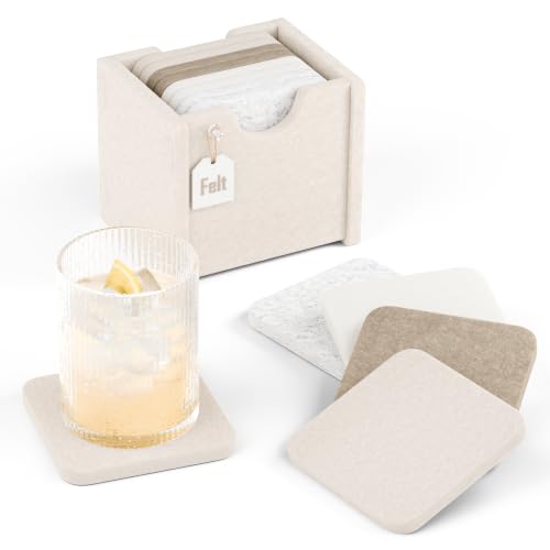 Fluxynara Felt Coasters with Holder, Set of 8 for Drinks, Stone Beige | Square Felt Coasters, Absorbent, Heat-Resistant & Reusable for Drinks, Ideal for Coffee Tables and Living Rooms, 3.94 Inch - color: Stone Beige, size: Square - 8 Count