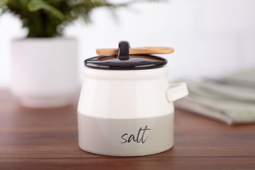 Salt Cellar with Lid and Spoon 10 oz - Handmade Ceramic Salt Keeper with 1.75 inch Lid and 3 inch Bamboo Spoon - Stylish Salt Container for Kitchen Decor