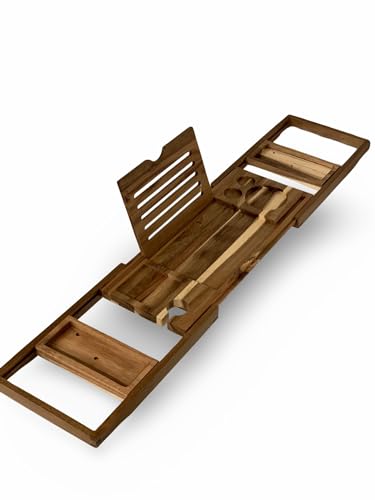 Premium Acacia Wood Bathtub Caddy | Adjustable Wooden Bath Tray | Book & Tablet Holder with Wine Glass Slot | Luxury Spa Gift for Her & Him