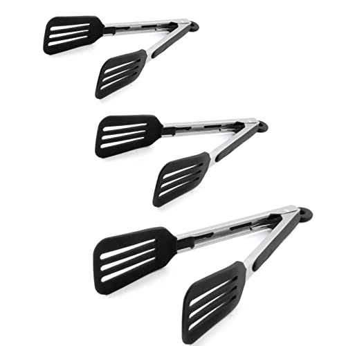 3 PCS Stainless Steel & Silicone Cooking Tongs Set (7", 9", 12") | Heat Resistant, Non-Stick, Locking Handle, Dishwasher Safe, for Grilling Steak Salad Pasta Buffet Serving, Black - color: Black, size: 7 & 9 & 12 inch