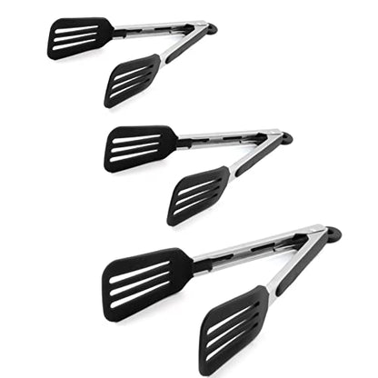 3 PCS Stainless Steel & Silicone Cooking Tongs Set (7", 9", 12") | Heat Resistant, Non-Stick, Locking Handle, Dishwasher Safe, for Grilling Steak Salad Pasta Buffet Serving, Black - color: Black, size: 7 & 9 & 12 inch