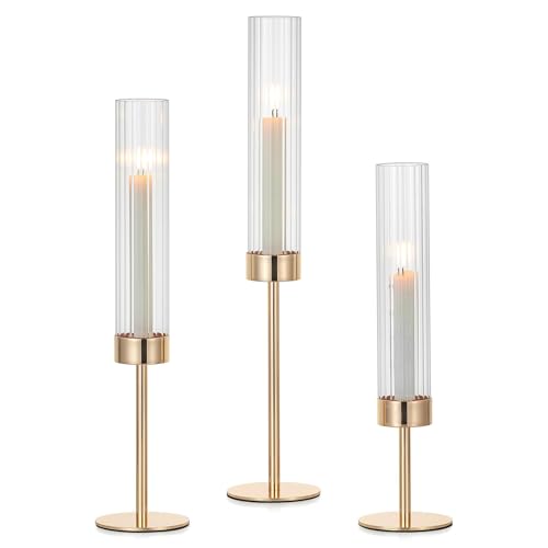 Hewory Gold Taper Candle Holders: Candlestick Holders Set of 3 Hurricane Glass Tall Candle Holder for Candlesticks Candle Sticks Holder Decor for Table Centerpiece Wedding Party Christmas Decorations - color: Gold, size: 3PCS