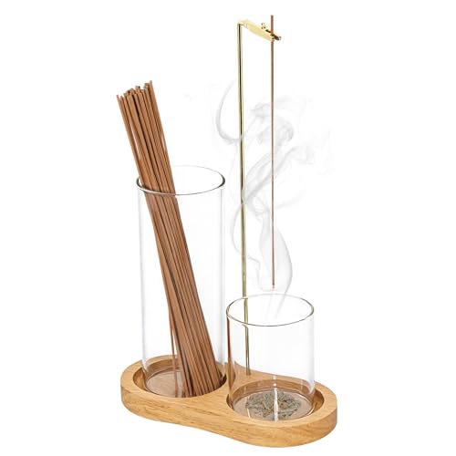 2-in-1 Glass Incense Holder with Ash Collector and Incense Stick Storage Upside Down Hanging Incense Holder, Anti-Splashing Design, Perfect for Meditation, Yoga, Spa, and Home Decoration - color: Natural