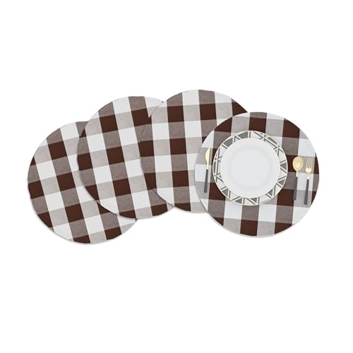 Brown & White Round Placemat Cotton Buffalo Check Plaid Gingham 15 Inch eco-Friendly Fabric Handcrafted Machine Washable Indoor & Outdoor Tablemat Set of 4 - color: Plaids Brown & White, size: Round Placemats 15"