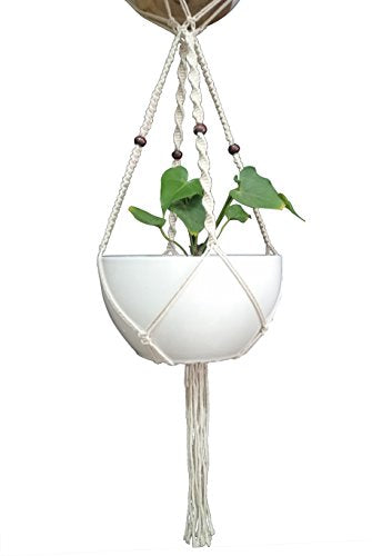 1 PCS Macrame Plant Hanger & Holder, Hanging Planter 4 Legs Double Deck for 8 inch to 10 inch Two Pots Indoor Outdoor Hanging Planter Hemp Rope 67 Inch with Metal Ring (Cotton) - color: Beige