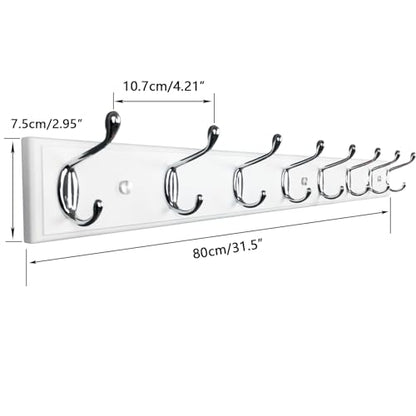 Wooden Wall Mounted Coat Rack – 31 Inch, White with 8 Silver Hooks for Entryway, Hallway, Bedroom - size: Long-31.5in(80cm),8 Silver Hooks, style: Modern