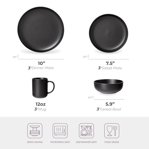 12-Piece Stoneware Dinnerware Set with Mugs | Microwave and Dishwasher Friendly | Stackable Matte Glaze Plates & Bowls | Service for 3 (Black for 3) - color: Black for 3