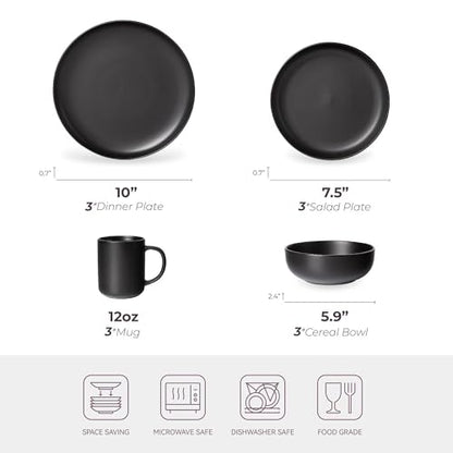 12-Piece Stoneware Dinnerware Set with Mugs | Microwave and Dishwasher Friendly | Stackable Matte Glaze Plates & Bowls | Service for 3 (Black for 3) - color: Black for 3