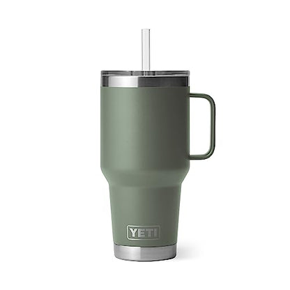 YETI Rambler 35 oz Tumbler with Handle and Straw Lid, Travel Mug Water Tumbler, Vacuum Insulated Cup with Handle, Stainless Steel, Camp Green - color: Camp Green, style: 35oz