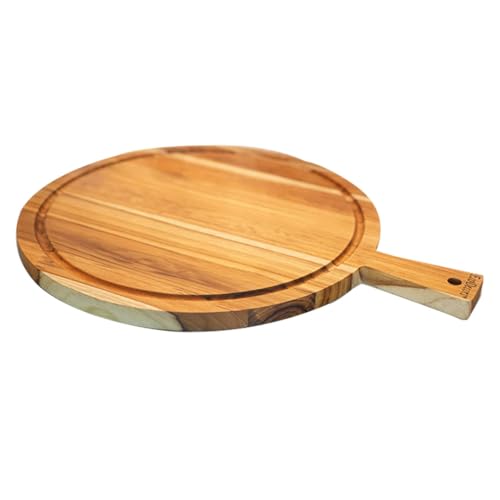 EcoDecors Round Teak Cutting Board 18" with Handle & Juice Groove | Large wood cutting board with food-safe finish resists stains, moisture, odors, and warping for everyday kitchen use. - color: Round, size: 18"L x 14"W
