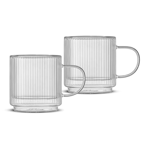 JoyJolt Haven Stackable Fluted Glass Mugs, Set of 2 Ribbed Double Wall Insulated Coffee Cups, 13.5oz Clear Mugs - style: Fluted Mugs