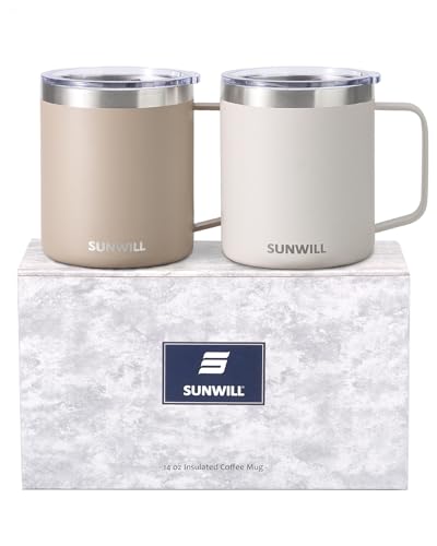 SUNWILL Travel Coffee Mug Set of 2, Insulated Tumbler with Lid, 14oz Stainless Steel Cup with Handle for Camping, Office, Home, Powder Coated Cream & Taupe - color: Powder Coated Cream & Taupe