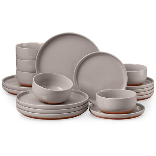 E-far 18-Piece Ceramic Dinnerware Sets, Plates and Bowls Sets for 6, Stoneware Dishware Dishes Set with Terracotta Base, Chip & Scratch Resistant, Microwave & Dishwasher Safe, Speckled Khaki - color: Warm Taupe, size: Service for 6