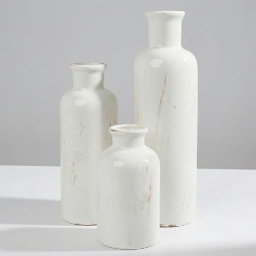 White Ceramic Vase Set of 3, Vintage Vases for Flowers and Home Decor | Distressed crackle glaze for tables, bookshelves, mantels, kitchens and offices - color: White01