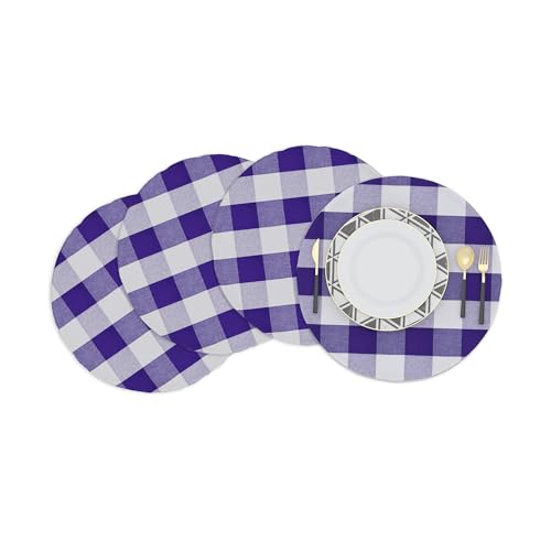 Purple & White Round Placemat Cotton Buffalo Check Plaid Gingham 15 Inch eco-Friendly Fabric Handcrafted Machine Washable Indoor & Outdoor Tablemat Set of 4 - color: Plaids Purple & White, size: Round Placemats 15"