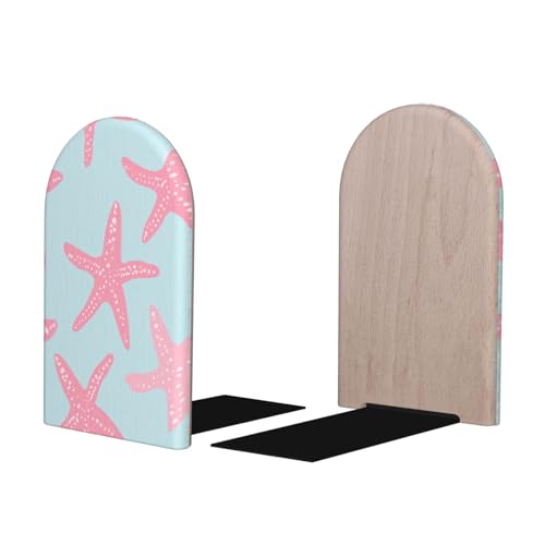 Pink Starfish Simple Bookends for Shelves 2 Pcs Wooden Book Stopper Organizer for Home Office Libraries