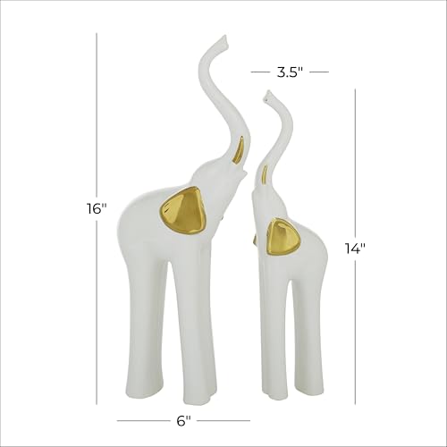 Deco 79 Porcelain Ceramic Sculpture, Set of 2 Sculpture 4"W, 14"H, Gold | Decorative Elephant Animals Home Decor Statues Statue Figurine - size: Set of 2 4"W, 14"H