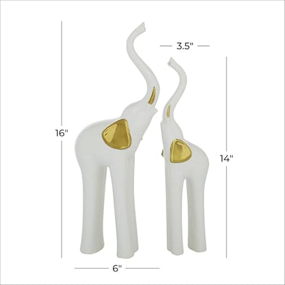 Deco 79 Porcelain Ceramic Sculpture, Set of 2 Sculpture 4"W, 14"H, Gold | Decorative Elephant Animals Home Decor Statues Statue Figurine - size: Set of 2 4"W, 14"H