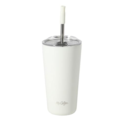 Mr. Coffee Java Quest 16 oz Double Wall Stainless Steel Tumbler with Lid & Reusable Straw, Insulated Thermal Drink Cup for Hot & Cold Beverages, White - color: White