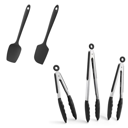 Doosu 7+9+12in Kitchen Tongs for Cooking - 600°F Heat Resistant Food Tongs with Non-Scratch Silicone Tips & 600°F Heat Resistant Silicone Spatula Set of 2 for Kitchen Cooking Baking Stirring (Black)