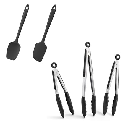 Doosu 7+9+12in Kitchen Tongs for Cooking - 600°F Heat Resistant Food Tongs with Non-Scratch Silicone Tips & 600°F Heat Resistant Silicone Spatula Set of 2 for Kitchen Cooking Baking Stirring (Black)