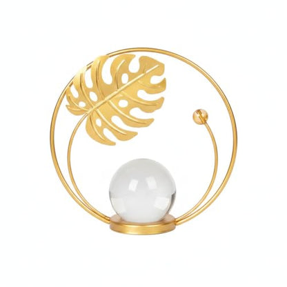 for Shelf, Desk, or Console Table Display: Modern Geometric Metal Leaf and Crystal Ball Sculpture Accent (1 PC) - size: 5.31 x 5.31 x 5.31 in