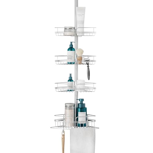 Zenna Home Tension Pole Shower Caddy Corner Organizer, Adjustable Standing Shower Caddy with 4 Baskets and Built in Towel Bar, Rust Resistant Bathroom Tension Rod Organizer, 60 to 97 Inch, Chrome - color: Chrome