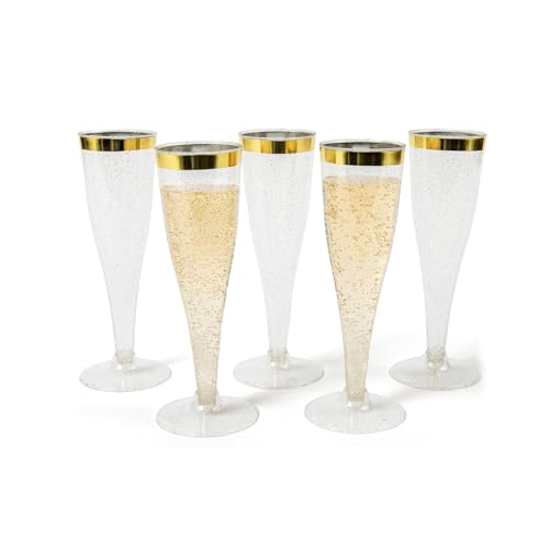 Prestee Set of 24 Plastic Champagne Flutes with Gold Rim - 4.5 oz - Shatterproof Disposable Glasses for Weddings, Cocktail Parties, and Outdoor Celebrations - color: Gold Rimmed, size: 24 Count (Pack of 1)