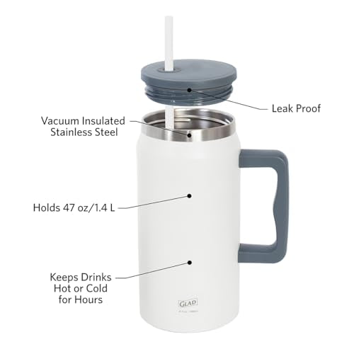 Glad Pioneer Stainless Steel Tumbler with Lid and Straw - Double Walled Insulated Cup with Handle - Leak Resistant & Drinks Stay Cold All Day, 47oz, Grey - color: Gray, size: 47 Ounces