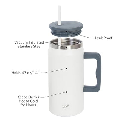 Glad Pioneer Stainless Steel Tumbler with Lid and Straw - Double Walled Insulated Cup with Handle - Leak Resistant & Drinks Stay Cold All Day, 47oz, Grey - color: Gray, size: 47 Ounces
