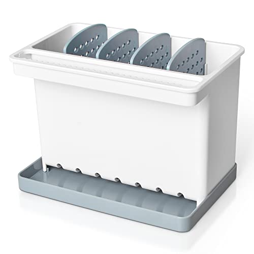 JOMOLA Kitchen Sink Organizer Dish Brush Sponge Holder Caddy Toothbrush Holders for Bathrooms Sinkware Kitchen Utensil Holder Sink Caddy Organizer with 4 Separate Dividers Removable Drain Tray (Grey) - color: Gray