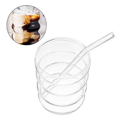 Ribbed Glass Cups and Straws Set 300ml Wavy Drinking Glasses for Adults with Straw Brushes Glassware for Iced Coffee Juice Milk Matcha 9pcs Kitchen Essentials