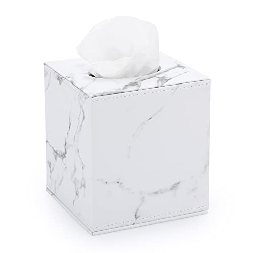 Sumnacon Square Leather Tissue Box Cover - Stylish Cube Tissue Box Holder with Magnetic Bottom, Decorative PU Tissue Box for Vanity Dresser Night Stand Table Countertop Home Office Car, Marble White | Cube Leather Tissue Box Covers,Decorative Tissue Box f