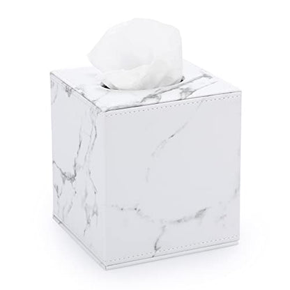 Sumnacon Square Leather Tissue Box Cover - Stylish Cube Tissue Box Holder with Magnetic Bottom, Decorative PU Tissue Box for Vanity Dresser Night Stand Table Countertop Home Office Car, Marble White | Cube Leather Tissue Box Covers,Decorative Tissue Box f