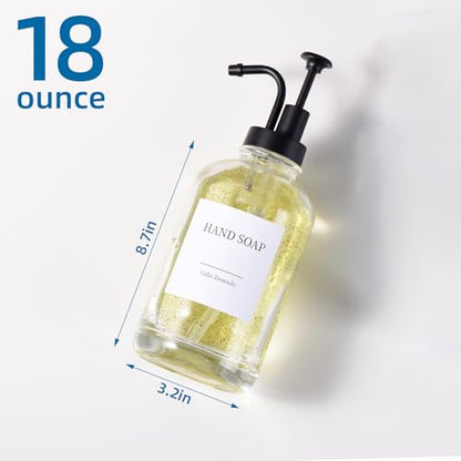 Glass Soap Dispenser with Upgrade Pump, Hand and Dish Soap Dispenser for Bathroom Kitchen, Soap Dispenser Set with 9 Stickers Funnel Bamboo Tray 500ml 18oz Clear - color: Clear