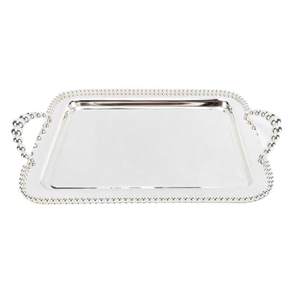 ciciglow European Style Beaded Metal Serving Tray Elegant Mirror Platter for Desserts Jewelry for Home Office Cafes (Silver) - color: Silver