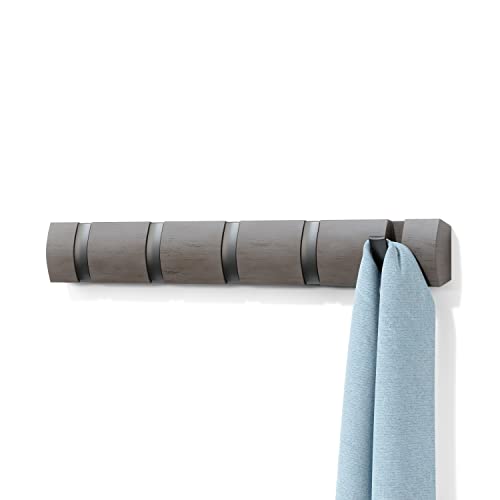 Umbra Flip Wall-Mounted Coat Rack with 5 Hooks – Modern, Space-Saving Storage for Hats, Jackets, Bags, Entryway, Mudroom, Closet, Bathroom, Bedroom – Grey/Pewter - color: Grey/Pewter, size: 5-Hook